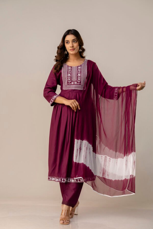 Zohra Ensemble – Rich Maroon Three-Piece Anarkali Suit with Dupatta & Bottom