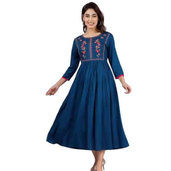 Zohra Kurti – Elegant Navy Blue Flared Kurti with Floral Embroidery