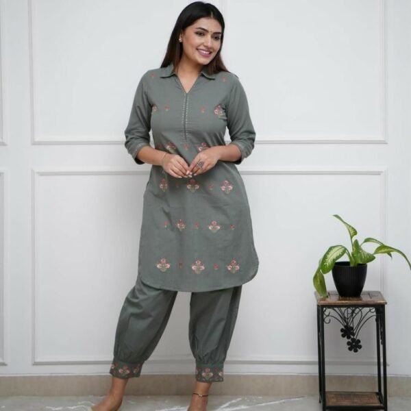 Zohra Kurta Set – Dusty Olive Cotton Kurta with Dhoti-Style Pants