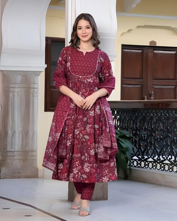 Zohra Kurti – Rich Maroon Anarkali Kurti Set with Floral Elegance