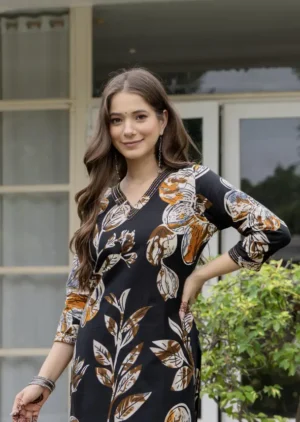 Black & Mustard Artistic Leaf Print Kurta