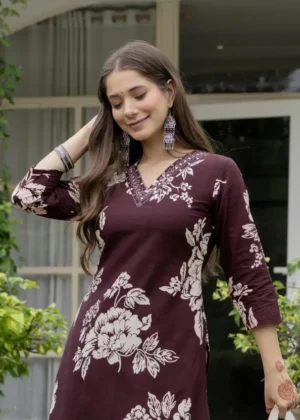 Women Maroon Pure Cotton Floral Printed Kurta Pant Set