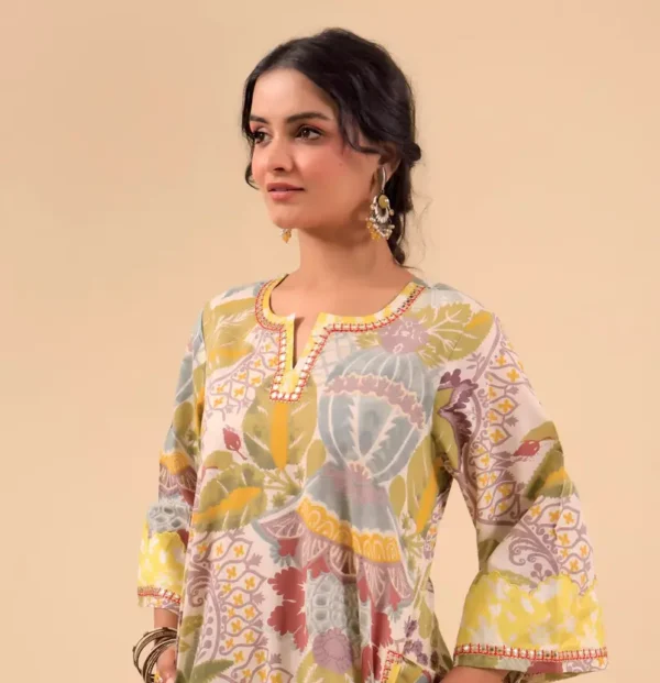 Pastel Floral Kurta with Yellow Detailing
