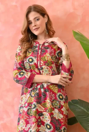 Wine Printed Pure Cotton Kurta Pant Set