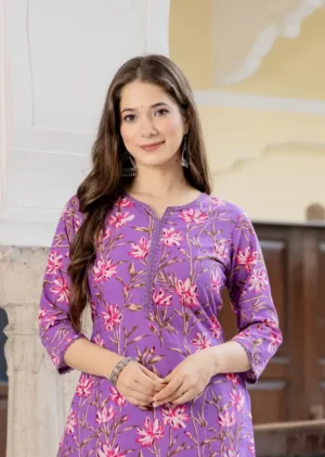 Vibrant Lavender Floral Print Kurta with Lace Neck