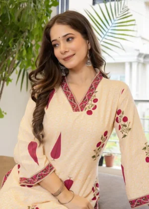Cream Floral Kurta with Maroon Detailing